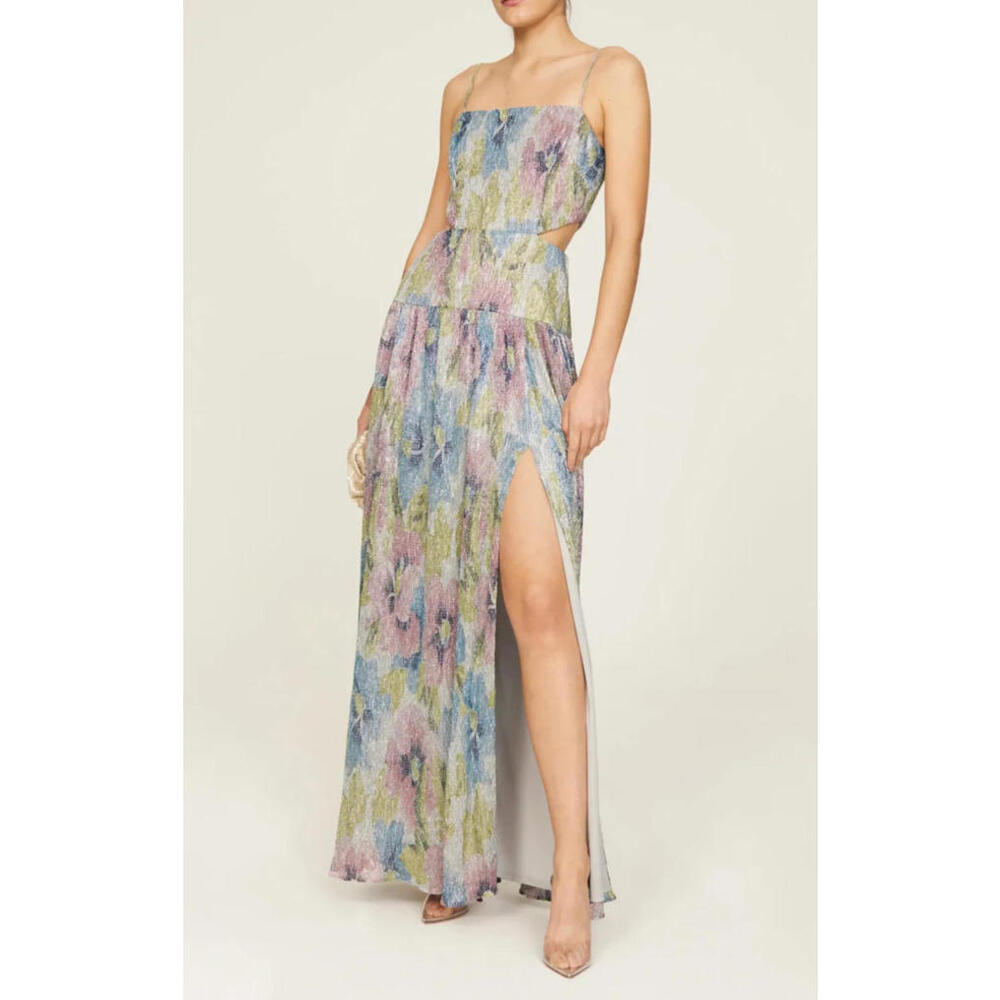 $295 Liv Foster Floral Metallic Cutout Spaghetti Strap Gown w/ Slit Sz: 8
